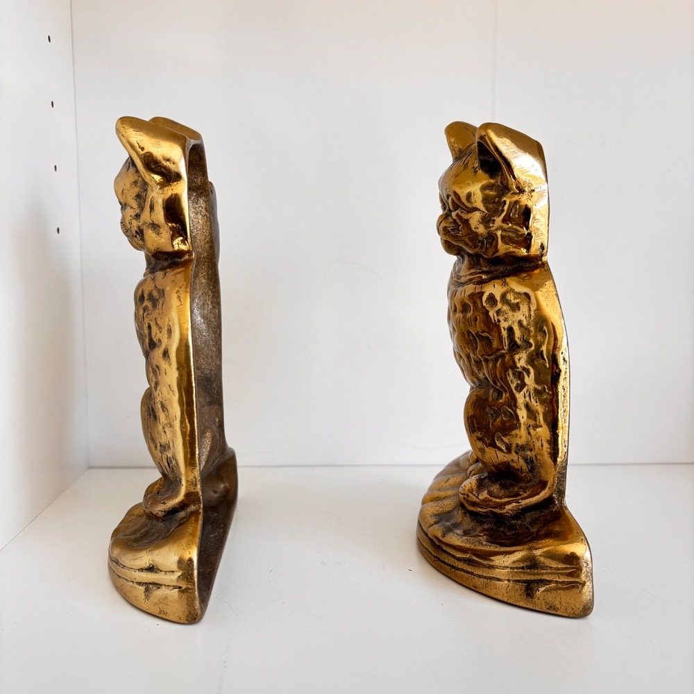 Vintage Brass Cat Bookends Set Heavy Gold Tone Sitting Tabby Feline Decor - Picture 4 of 8